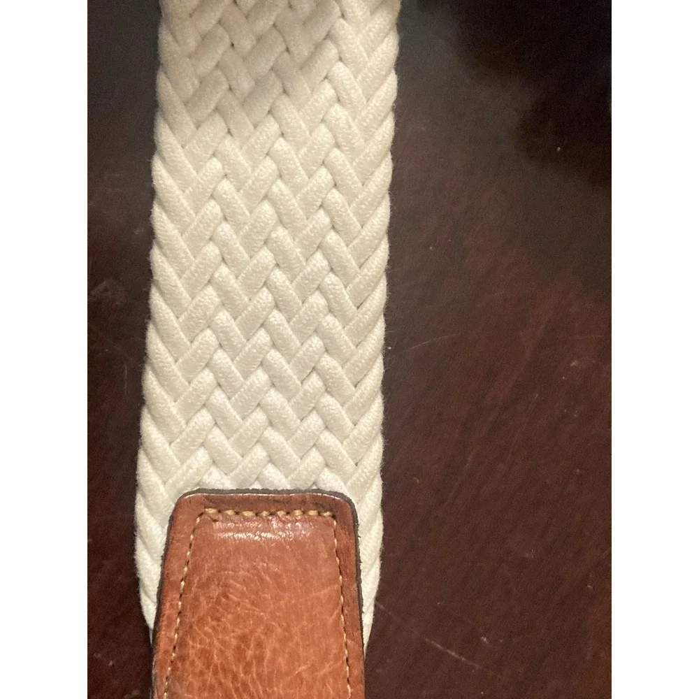 Torino Leather Woven Belt Size 42 Ivory Stretch Braid Silver Brass‎ Buckle USA